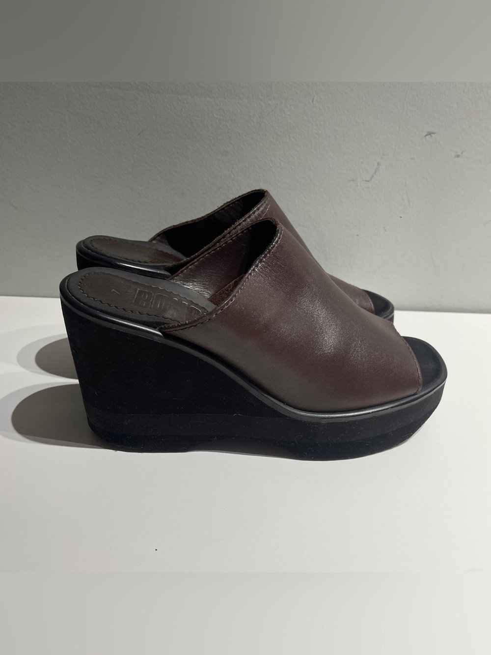 Y2K Brown Leather Wedge Bongo Slide heel Sandals 7